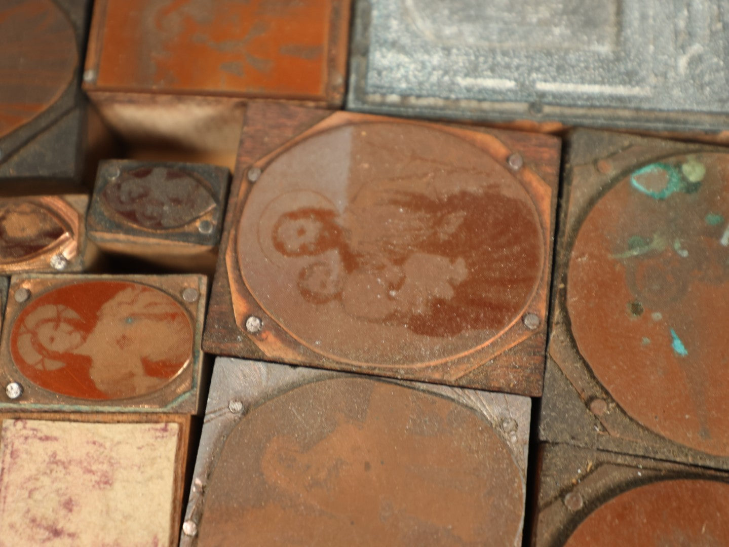 Lot 095 - Grouping Of Antique Religious Printing Blocks Letter Press Stamps, Many Smaller And Medium Sized Depicting Jesus, Mary, Christian Figures, 35+ Pieces