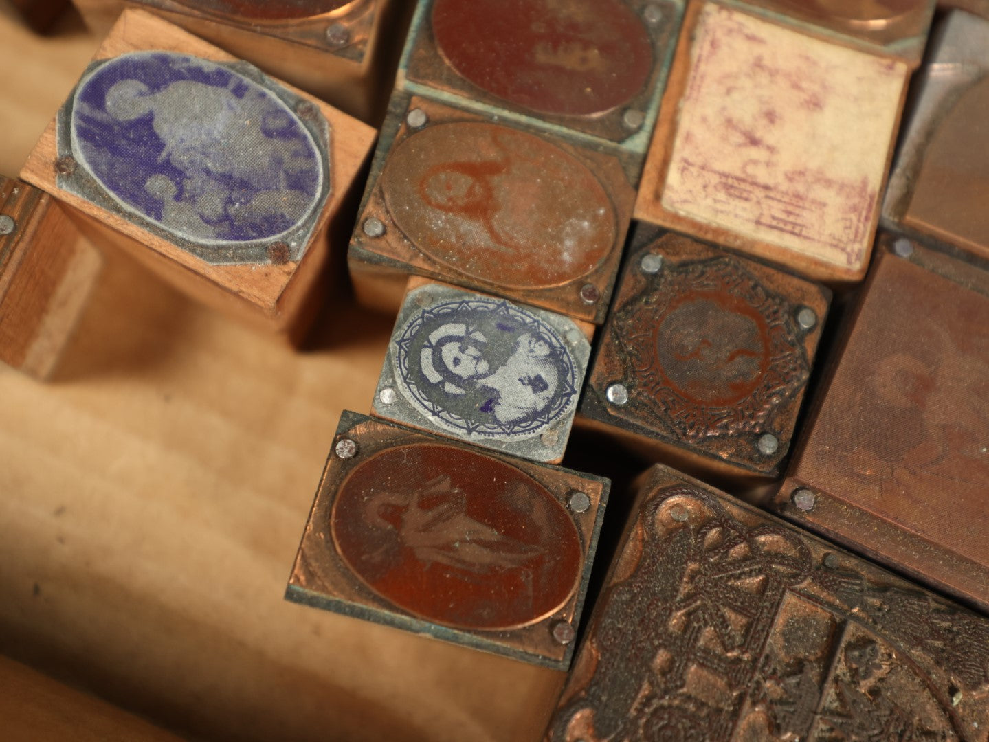 Lot 095 - Grouping Of Antique Religious Printing Blocks Letter Press Stamps, Many Smaller And Medium Sized Depicting Jesus, Mary, Christian Figures, 35+ Pieces