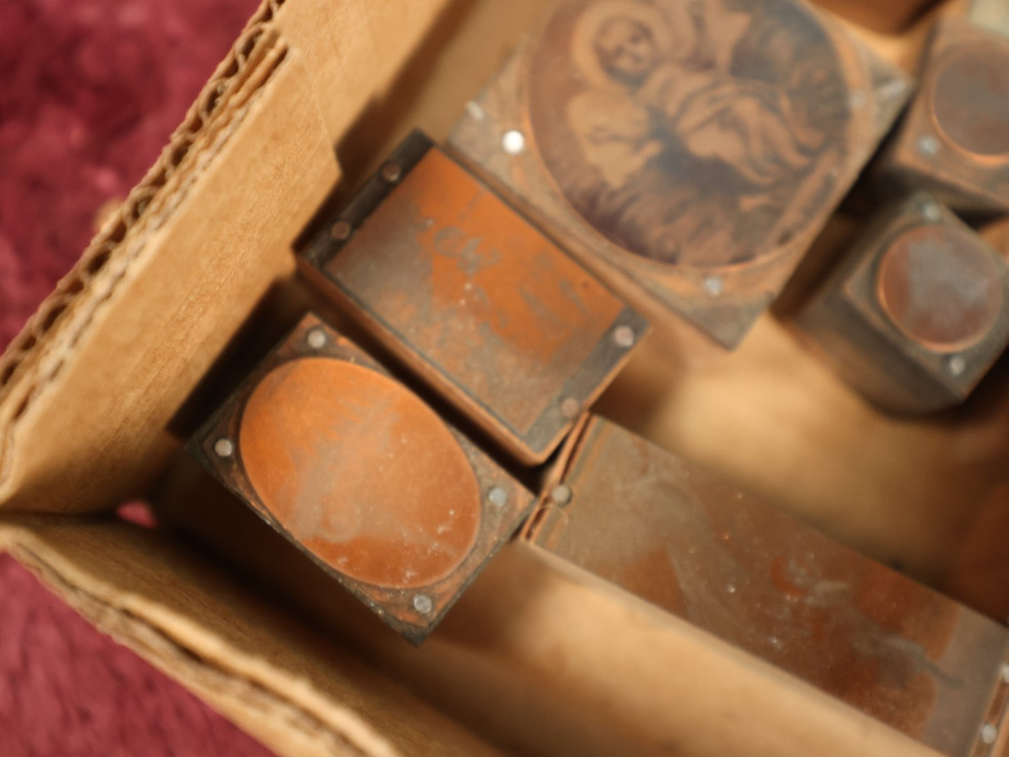 Lot 095 - Grouping Of Antique Religious Printing Blocks Letter Press Stamps, Many Smaller And Medium Sized Depicting Jesus, Mary, Christian Figures, 35+ Pieces