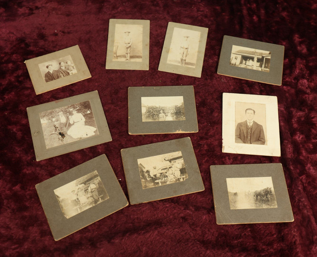 Lot 098 - Grouping Of Ten Antique Boarded Photos Including Photos Of Farming, Portraits, And More