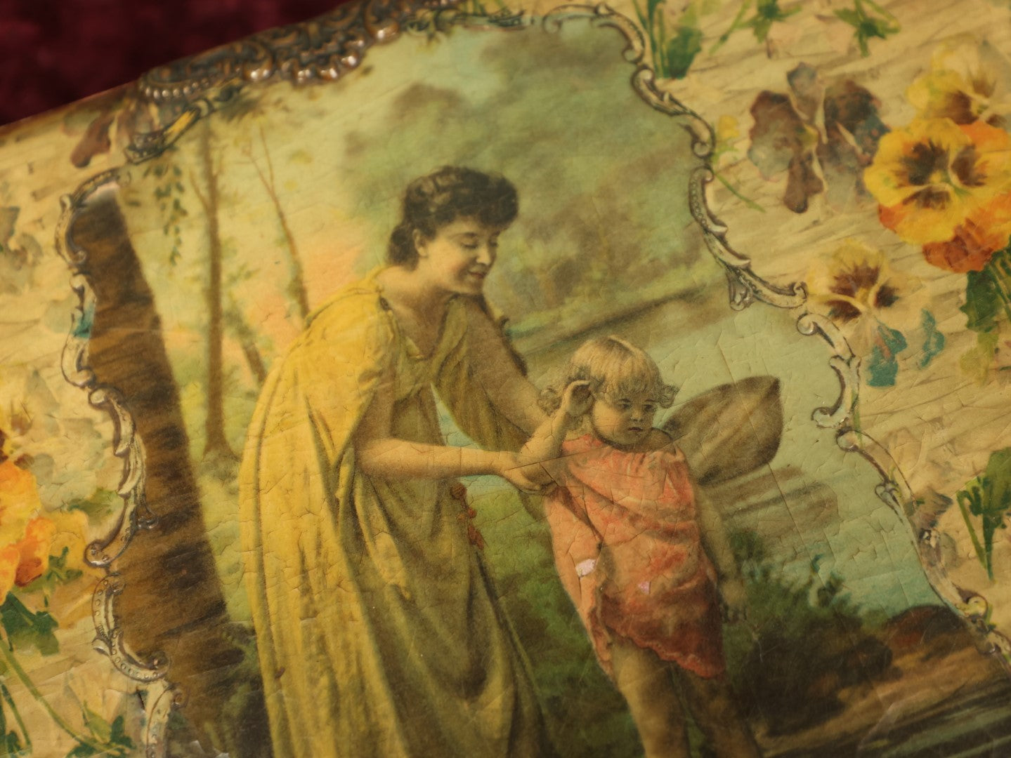 Lot 104 - Antique Craft Grade Cabinet Card Photo Album With Celluloid Cover Of Woman And Child On Riverside, Containing Several Cabinet Cards, And Tintypes, Mostly Empty, Heavy Wear