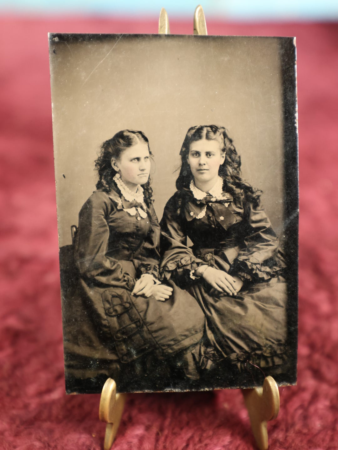 Lot 120 - Single Tintype Photo, Two Women In Matching Clothes, Possible Sisters