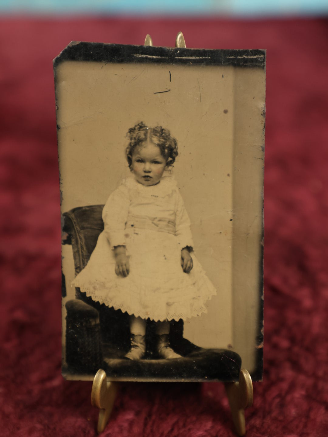 Lot 124 - Single Tintype Photo, Little Girl Baby Toddler Blonde With Curls Standing On Chair