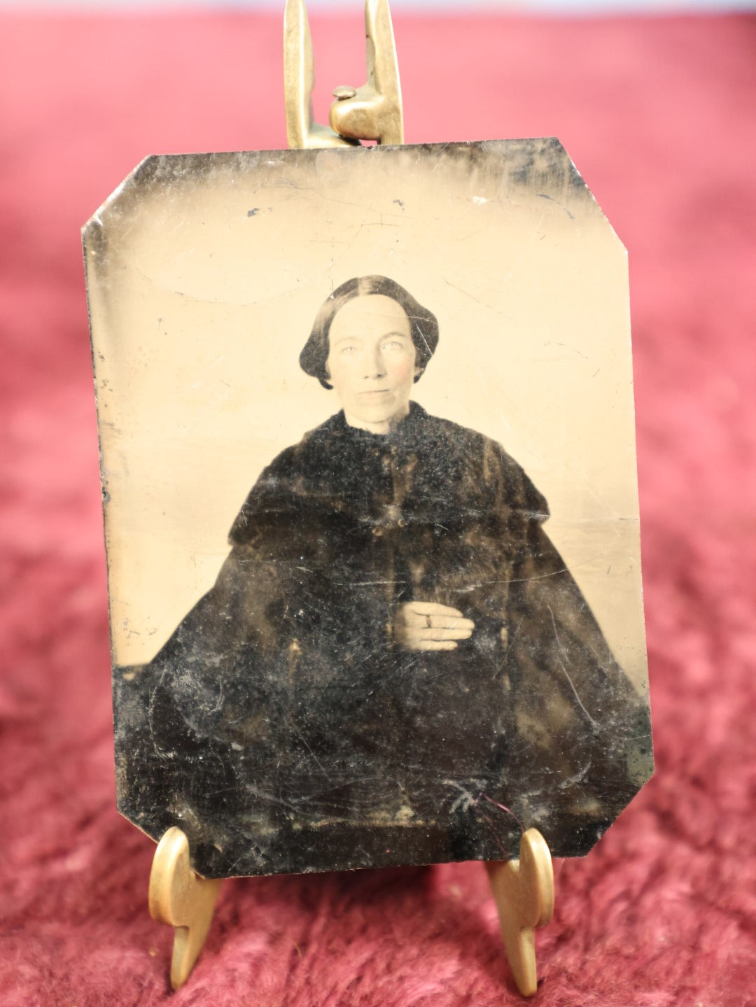 Lot 126 - Single Tintype Photo, Woman In Fur Cape With Hand Sticking Out From Cape, Wearing Ring