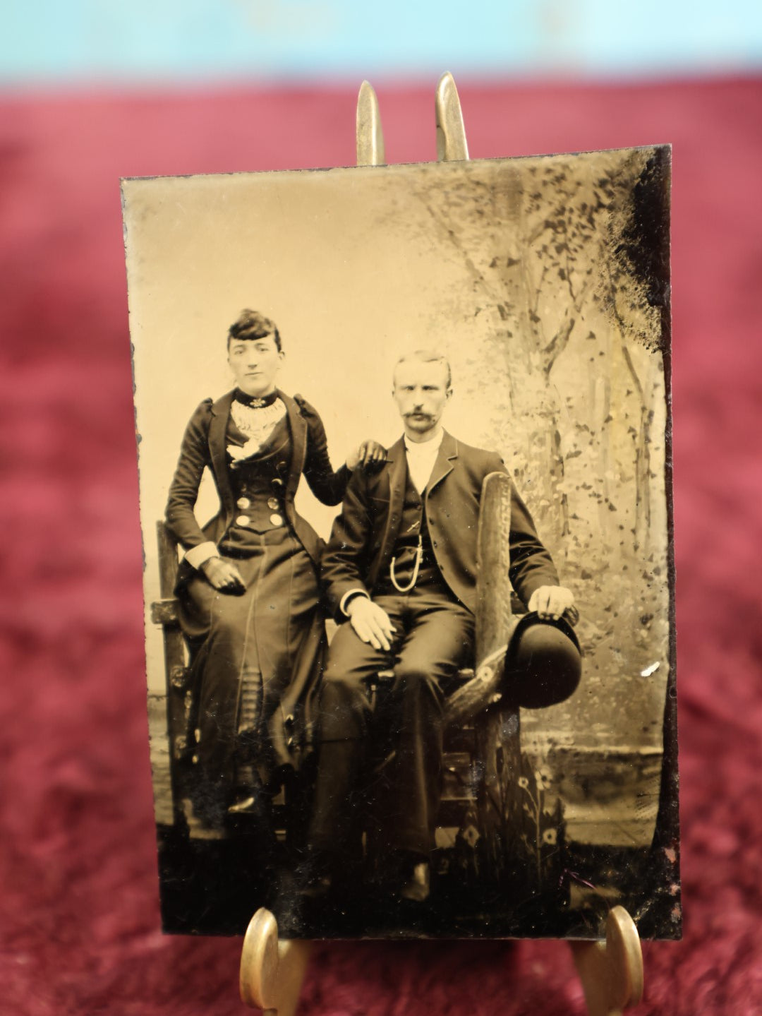 Lot 127 - Single Tintype Photo, Man And Woman Seated, Man Holding Bowler Hat, With Watch Chain