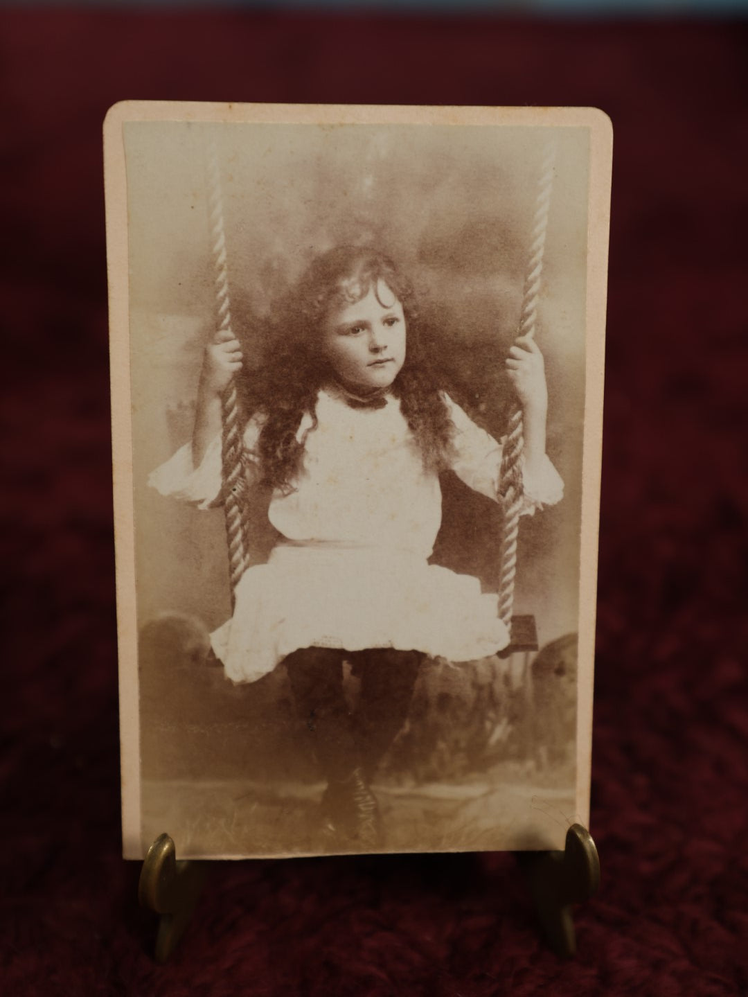 Lot 131 - Single Carte De Visite C.D.V. Photo, Young Girl Swinging On Wood Seat Rope Swing, G, Wallace Wright, Photographer, Milford, Massachusetts, Successor To F. Gill, 1884