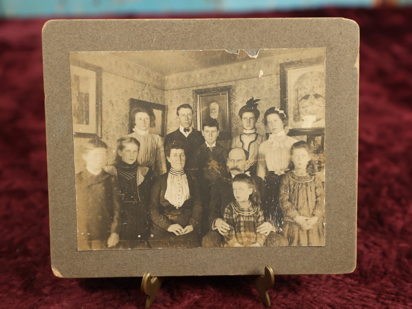 Lot 135 - Single Boarded Interior Photo, Family Photo With Eleven People, Artwork, Parlor Scene