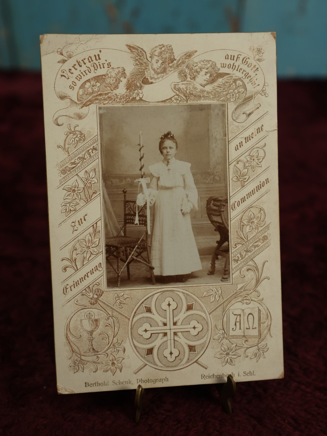 Lot 138 - Single German Cabinet Card Photo Of Girl On Her First Communion, Holding Tall Candle, Dressed In White, Berthoild Schenk Photographer