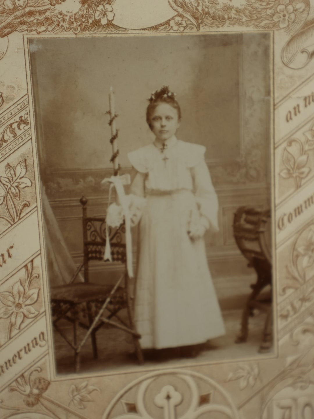 Lot 138 - Single German Cabinet Card Photo Of Girl On Her First Communion, Holding Tall Candle, Dressed In White, Berthoild Schenk Photographer