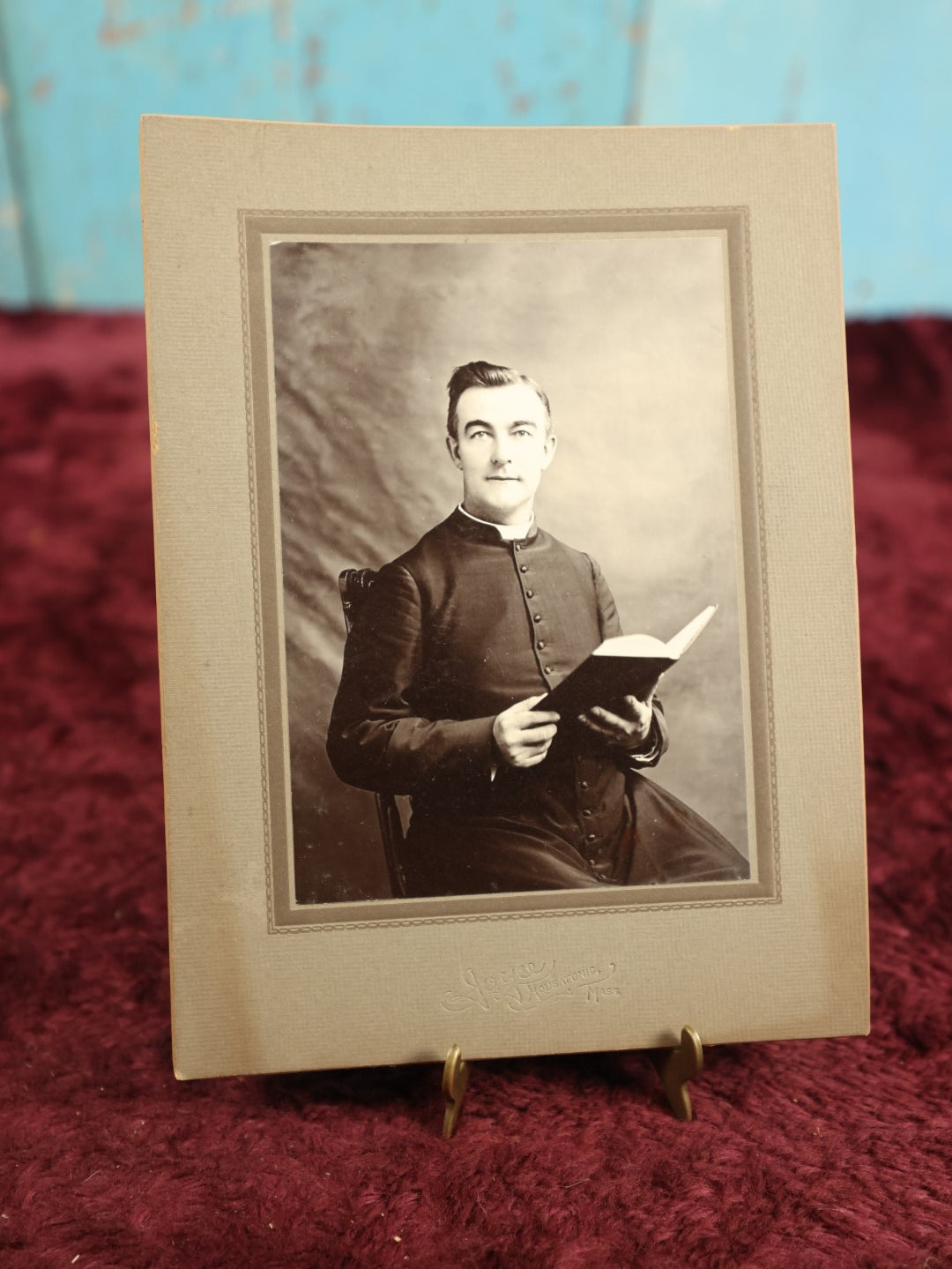 Lot 139 - Single Antique Boarded Photograph Of A Priest Holding A Bible, Joyce Photographer, Housatonic, Massachusetts