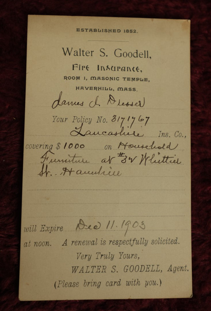 Lot 142 - Single Ephemera Scrap, Walter S. Goodell Fire Insurance Card, Room 1, Masonic Temple, Haverhill, Massachusetts, Dated 1903