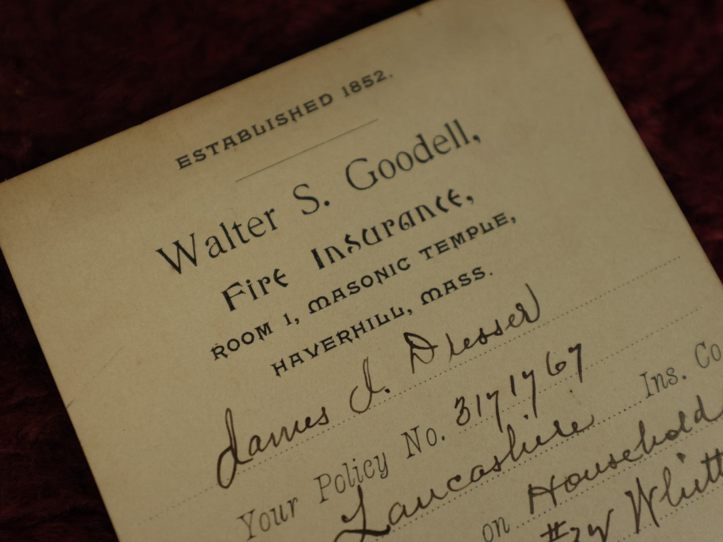 Lot 142 - Single Ephemera Scrap, Walter S. Goodell Fire Insurance Card, Room 1, Masonic Temple, Haverhill, Massachusetts, Dated 1903