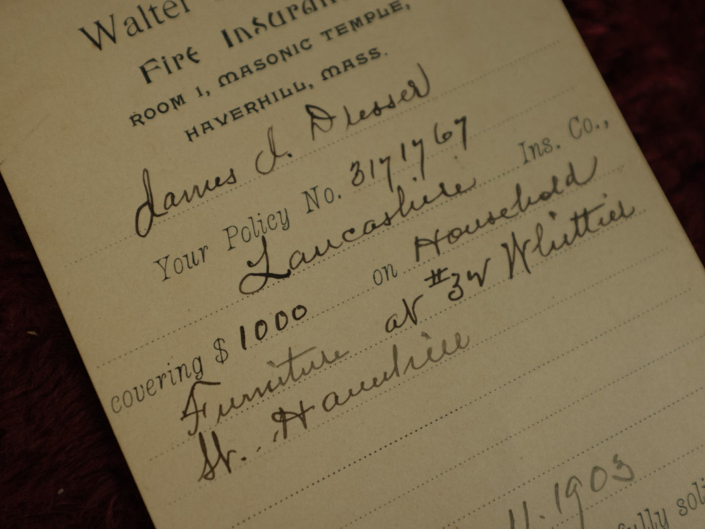 Lot 142 - Single Ephemera Scrap, Walter S. Goodell Fire Insurance Card, Room 1, Masonic Temple, Haverhill, Massachusetts, Dated 1903