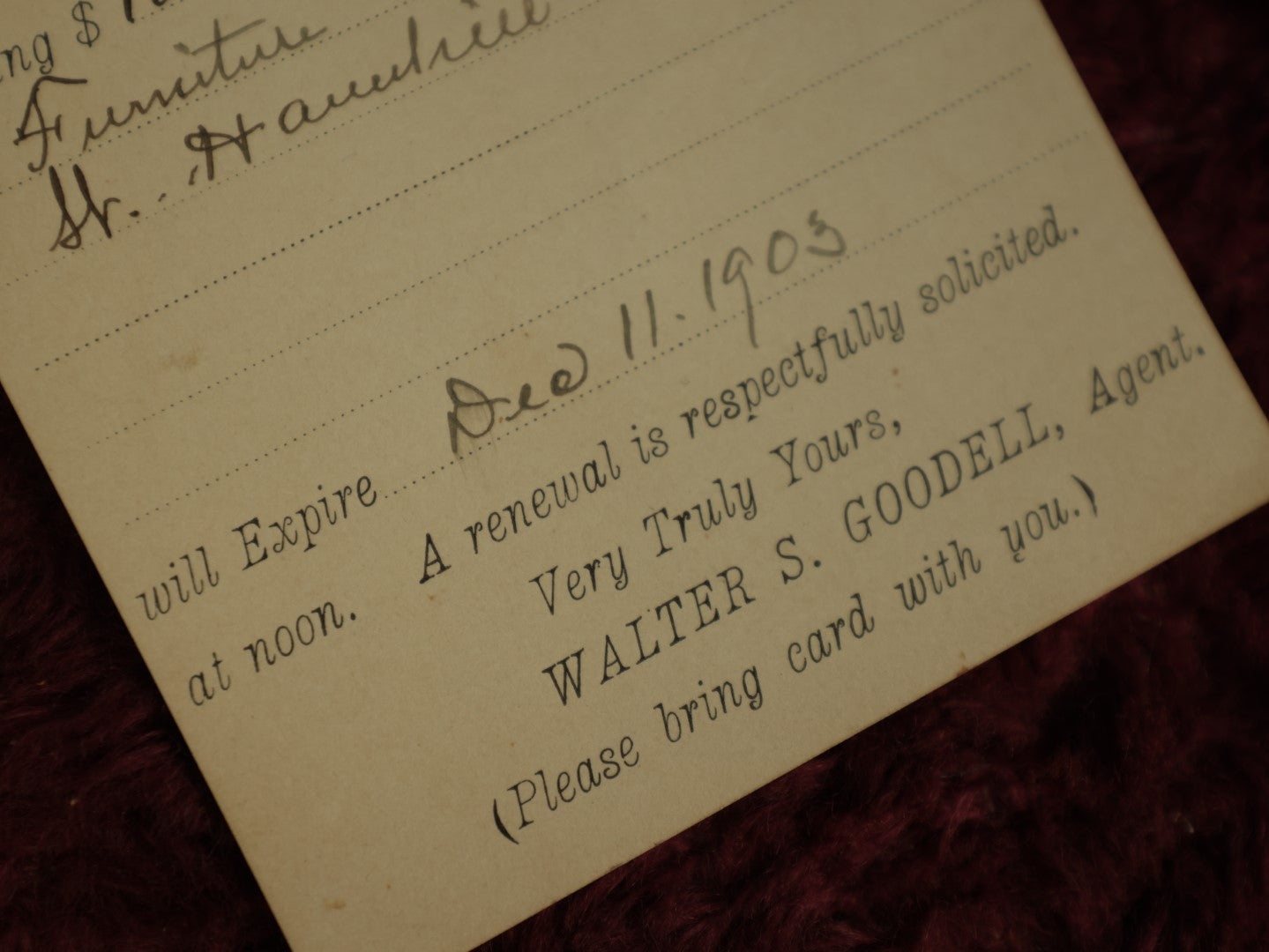 Lot 142 - Single Ephemera Scrap, Walter S. Goodell Fire Insurance Card, Room 1, Masonic Temple, Haverhill, Massachusetts, Dated 1903