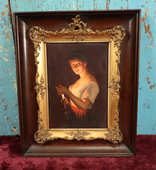 Lot 001 - Antique Painted German Porcelain Plaque "Gute Nacht" (Good Night) After George Hom (German, 1838-1911), Woman In Dark Holding Candle, In Frame, Impressed With 311 On Back, Pencil Writing, No Signature 