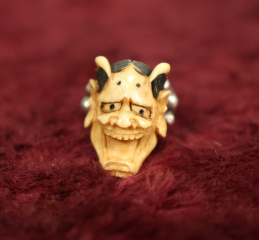 Lot 005 - Antique Carved Bone Japanese Hannya Mask Ring With Sterling Silver Band, Signed, Size 6