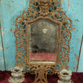 Lot 007 - Antique Cast Brass Bacchus, The Wine God, Ornate Wall Hanging Mirror With Tapered Candle Holders, Beveled Mirror, Note Heavy Deterioration Of Mirror