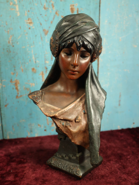 Lot 008 - Antique Art Nouveau Chalkware Plaster Scheherazade Statue Bust, After Emmanuel Villanis (French, 1858-1914), Character And Storyteller Of One Thousand And One Nights (Arabian Nights)