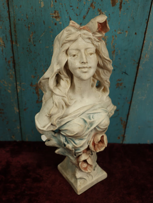 Lot 009 - Antique Art Nouveau Chalkware Plaster Bust Of Woman With Roses, White With Blue And Pink Paint, Marked Cb 130