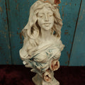 Lot 009 - Antique Art Nouveau Chalkware Plaster Bust Of Woman With Roses, White With Blue And Pink Paint, Marked Cb 130