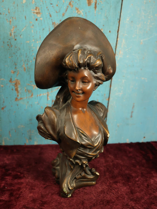 Lot 010 - Antique Art Nouveau Chalkware Plaster Bust Of Smiling Woman In Large Hat, After George Van Der Straeten (Belgian, 1856-1941), Paper Label Marked Boston On Bottom