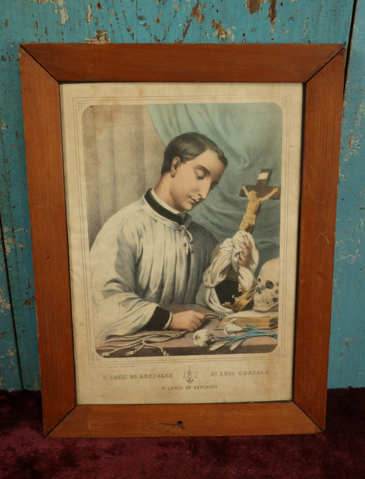 Lot 013 - Antique Hand Colored Lithograph Of Saint Louis De Gonzague (Aloysius Gonzaga), With Skull In Image, Patron Saint Of Youth And Purity, Marked Paris, L. Turgis, Framed