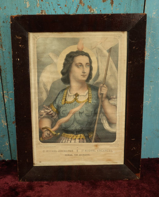 Lot 014 - Antique Hand Colored Lithograph Of Saint Michael The Archangel, Depicted With Flaming Sword, Marked Paris, L. Turgis, Framed