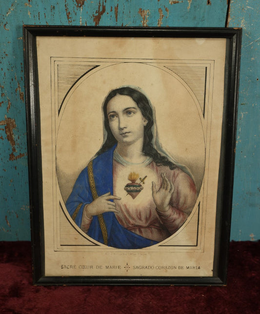 Lot 015 - Antique Sacred Heart Of Mary, Virgin Mary Hand Colored Lithograph, Marked Paris, Framed