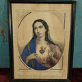 Lot 015 - Antique Sacred Heart Of Mary, Virgin Mary Hand Colored Lithograph, Marked Paris, Framed