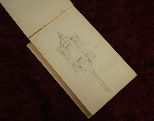 Lot 019 - Antique Architecture And Furniture Sketchbook, Containing Many Original Pencil Sketches Of Buildings, Furniture, Light Fixtures, And More, With Watercolors, Europe, Circa 1900 