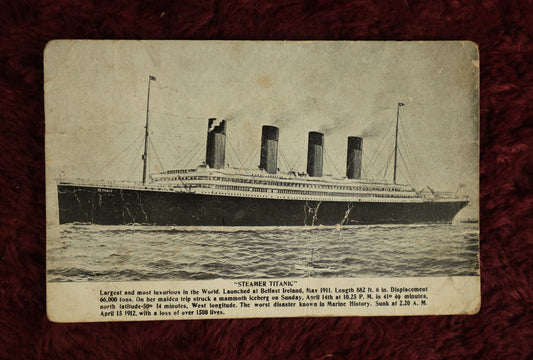 Lot 020 - Antique Postcard Of The "Steamer Titanic" Commemorating The 1912 Disaster, Note Heavy Bends And Wear, Marked Tichnor Brothers Inc.