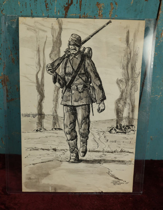 Lot 021 - Antique Pen And Ink Drawing Of A Civil War Soldier, Likely Done By A Civil War Veteran, Signed Thayer '72, Shenandoah '64, VI Corps, Union Army