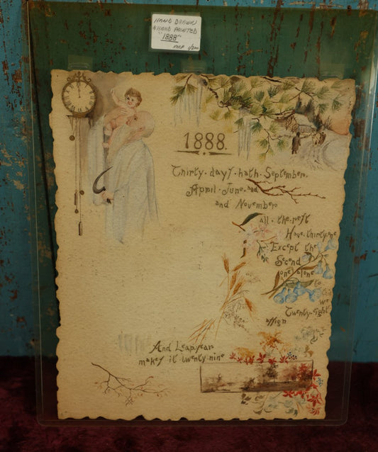 Lot 026 - Hand Painted 1888 Calendar Poem With Father Time, Holding A Sickle, Holding A Baby Child Up To Clock