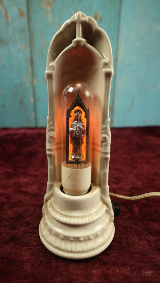 Lot 028 - Antique Auerolux Neon Filament Lightbulb With The Virgin Mary In Porcelain Light Fixture, Fabric Cord, Working Condition