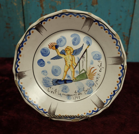 Lot 030 - Antique Hand Painted French Porcelain Plate With Text Translating To, "It's Time To Make A Little Baby," "Long Live Love," Marked 1791, Mark On Bottom, Note Chipping Throughout