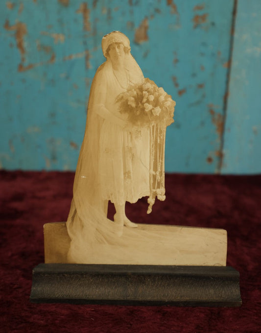 Lot 034 - Antique Bride Wedding Photo Wood Cut Out Standee, "Addisy Statuettes" Are The Finest Made, Back Marked Bettencourt's Taxi