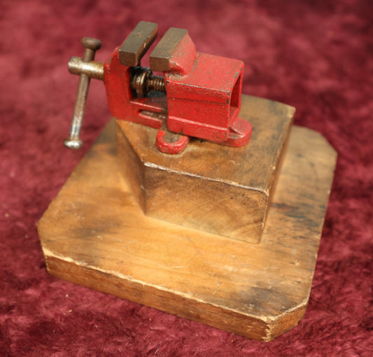 Lot 040 - Vintage Jeweler's Vice With Red Paint, Mounted On Two Tier Wood Block Stand