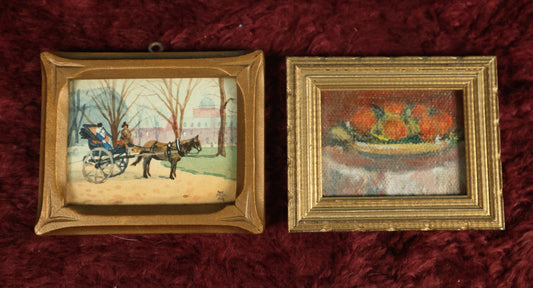 Lot 045 - Pair Of Vintage Miniature Paintings (~3" Each): "Old Fashioned Caleche" By Willard M. Mitchell, Watercolor With Hand-Carved Frame, And "Peaches On Plate" By Seana Gallagher, 1993, After Renoir, 1902