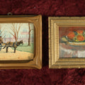 Lot 045 - Pair Of Vintage Miniature Paintings (~3" Each): "Old Fashioned Caleche" By Willard M. Mitchell, Watercolor With Hand-Carved Frame, And "Peaches On Plate" By Seana Gallagher, 1993, After Renoir, 1902