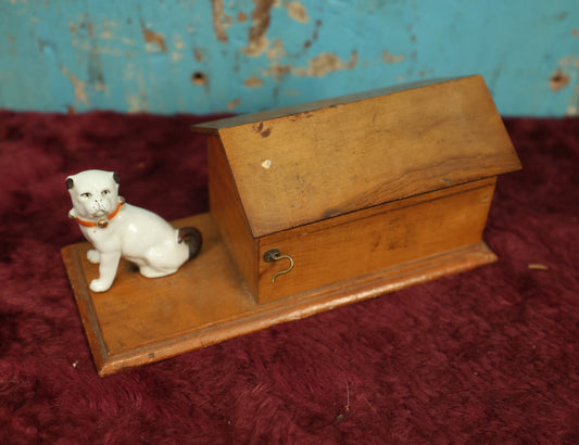 Lot 047 - Antique Folk Art Pen Rest, Inkwell, And Stamp Holder With Lift Top Dog House And Small Porcelain Dog, Missing One Pen Holder Hook, Various Wear, Glass Inkwell