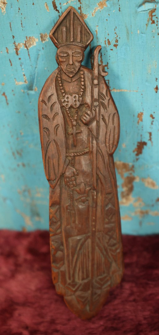 Lot 048 - Antique Hand Carved Folk Art Wooden Priest, Pope With Staff, Note Chipping, Losses