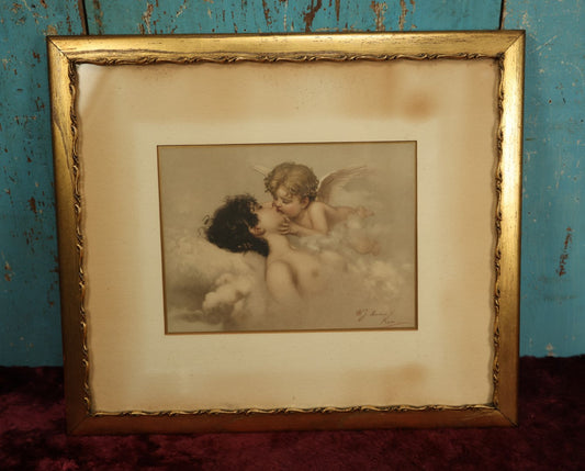 Lot 053 - Antique Color Print Of Willem Johann "J.M." Marten's "Cupid's Kiss," Psyche Kissing Cupid, Nude