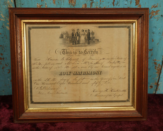 Lot 056 - Antique Holy Matrimony Certificate, Casea B. Edgerly (Bennington, NH) & Maria Mc Cuffee (Rochester, NH), 1852, Minister Henry H. Hartwell, Witness Flora Ann Hartwel, Printed by Wellstood, Benson, & Hanks, New York