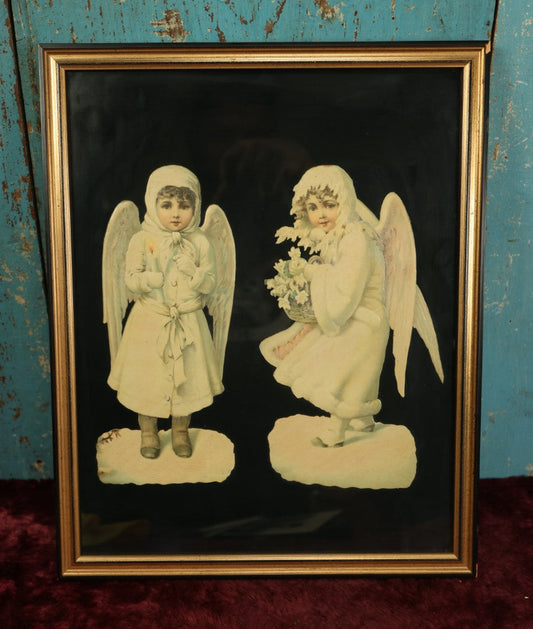 Lot 062 - Pair Of Antique Framed Winter Angel Christmas Die Cuts, Likely Printed In Germany, Modern Framing