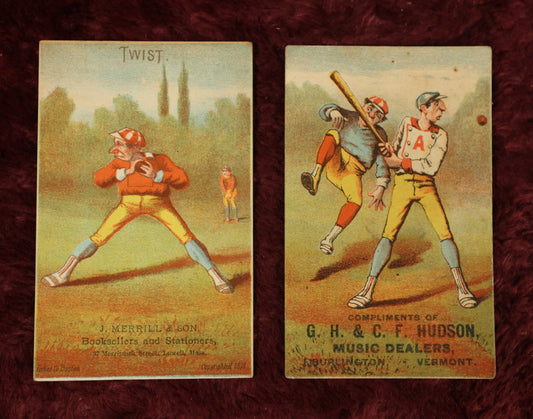 Lot 063 - Pair Of Antique Baseball Trade Cards, One Marked Forbes Co., Boston, 1878, Advertising J. Merrill & Son Booksellers, Titled "Twist," Other Compliments Of G.H. & C.F. Hudson Music Dealers, Burlington, VT, Original Title "Foul" Not Printed