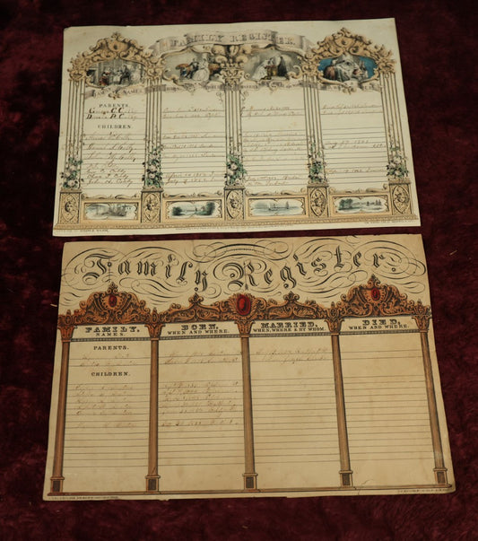 Lot 065 - Pair Of Unframed Hand Colored Family Register Lithographs, Family Of George C. Colby And Direxia P. Colby, And Leyman Newton And Lydia B. Newton