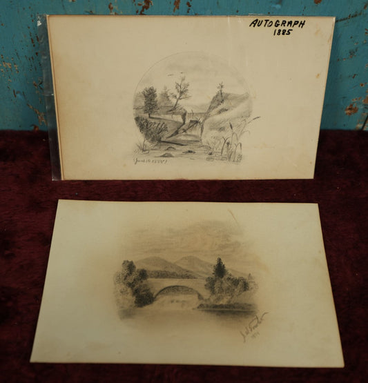 Lot 070 - Pair Of Original Landscape Pencil Sketches Depicting Waterfall, And Bridge With Mountains In The Background, Likely Out Of Autograph Album, One Dated 1885, Other Signed J.S. Fowler, 1874