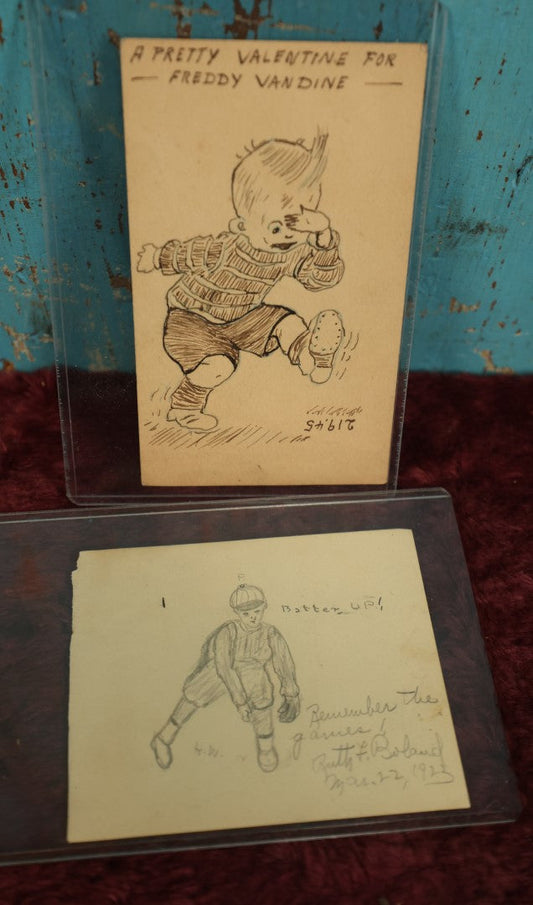 Lot 072 - Pair Of Original Comic Drawings - Hand Drawn Pen And Ink Valentine Of Kid, Pencil Sketch "Batter Up!" Of Baseball Player, Signed Ruth Boland, 1923