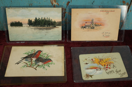 Lot 073 - Grouping Of Four Hand Painted Postcards And Scraps, North Wilmot Church, 1935 Signed E.M.A., Lake Pennesseewassee, Norway, Maine, Red Robins, And Happy New Year Winter Scene  