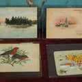 Lot 073 - Grouping Of Four Hand Painted Postcards And Scraps, North Wilmot Church, 1935 Signed E.M.A., Lake Pennesseewassee, Norway, Maine, Red Robins, And Happy New Year Winter Scene